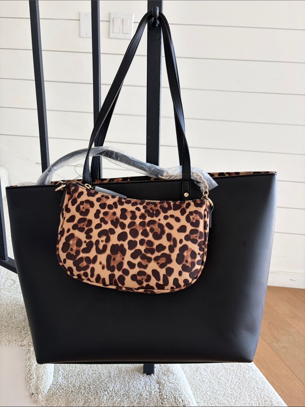 INC International Concepts Black Tote with Leopard Print Pouch